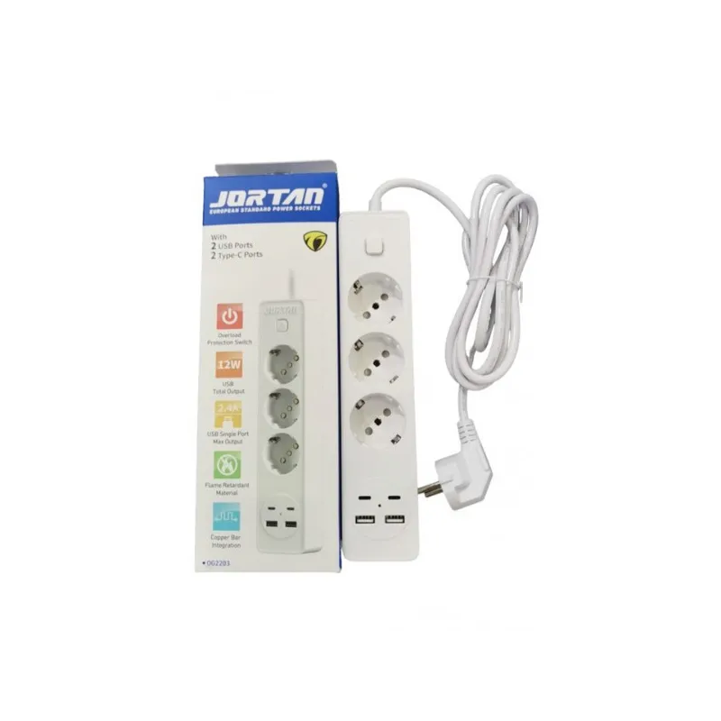 Prelungitor 3 prize, 2 porturi USB si 2 Type-C, 2m , Jortan