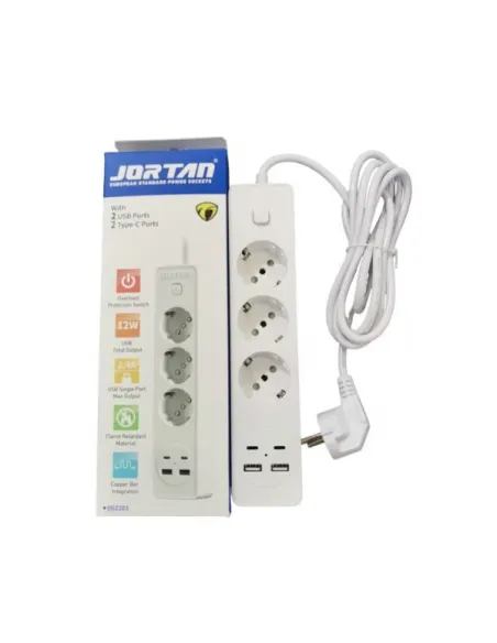 Prelungitor 3 prize, 2 porturi USB si 2 Type-C, 2m , Jortan