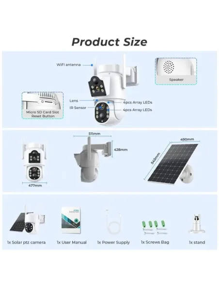 Camera de supraveghere duala, cu panou solar si Wi-Fi, rotativa,  Jortan 8699 + Card 32 GB