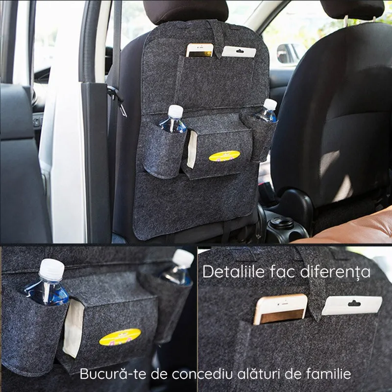 Organizator pentru scaun auto, buzunare din pasla, negru