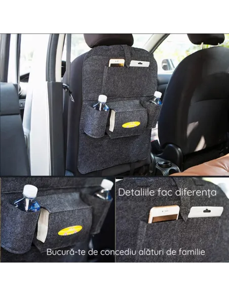 Organizator pentru scaun auto, buzunare din pasla, negru
