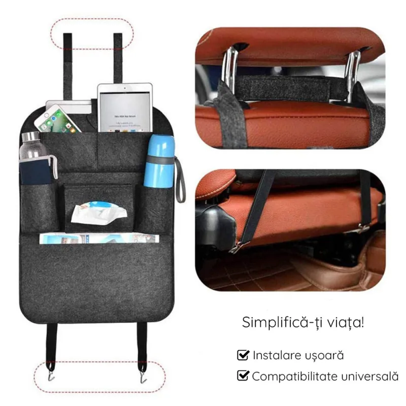 Organizator pentru scaun auto, buzunare din pasla, negru