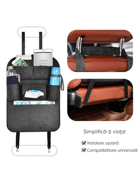 Organizator pentru scaun auto, buzunare din pasla, negru