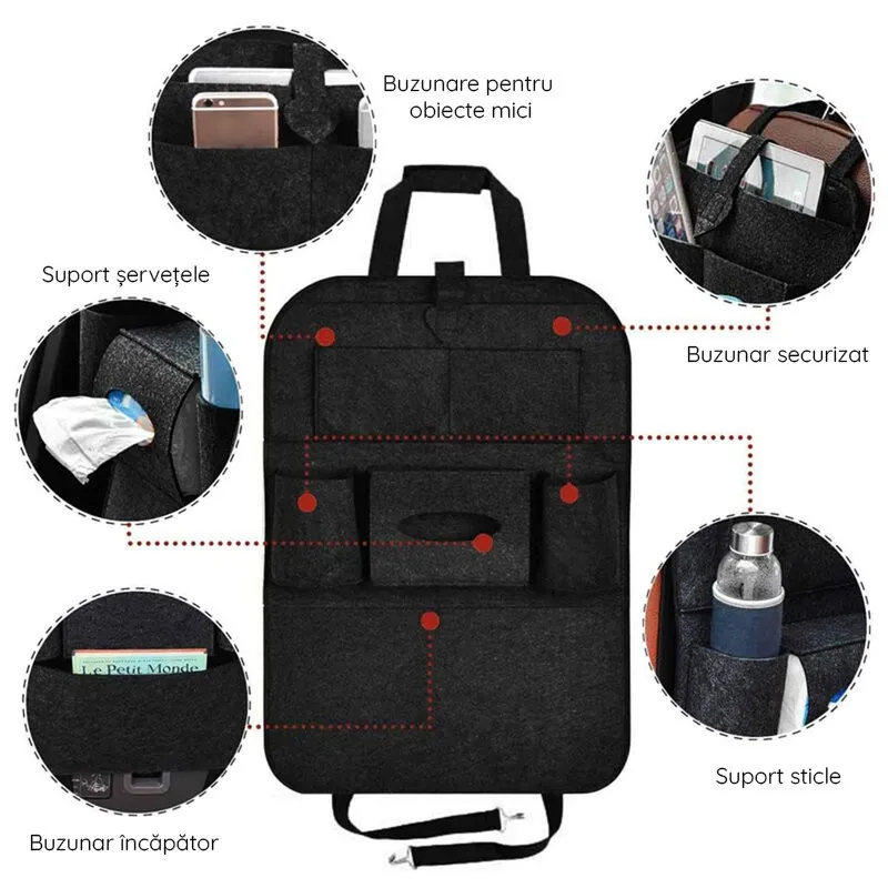 Organizator pentru scaun auto, buzunare din pasla, negru