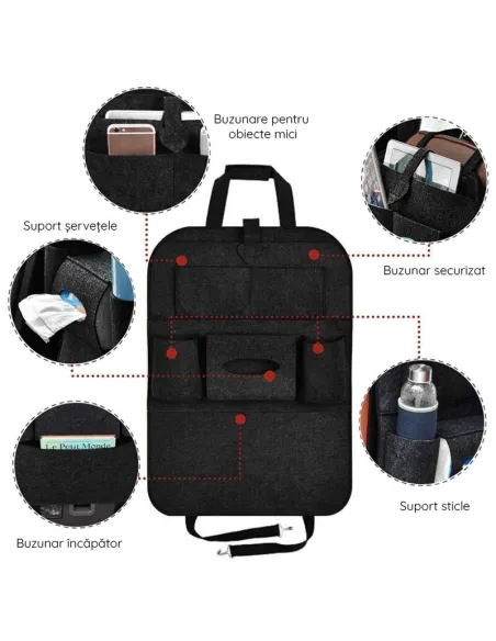 Organizator pentru scaun auto, buzunare din pasla, negru