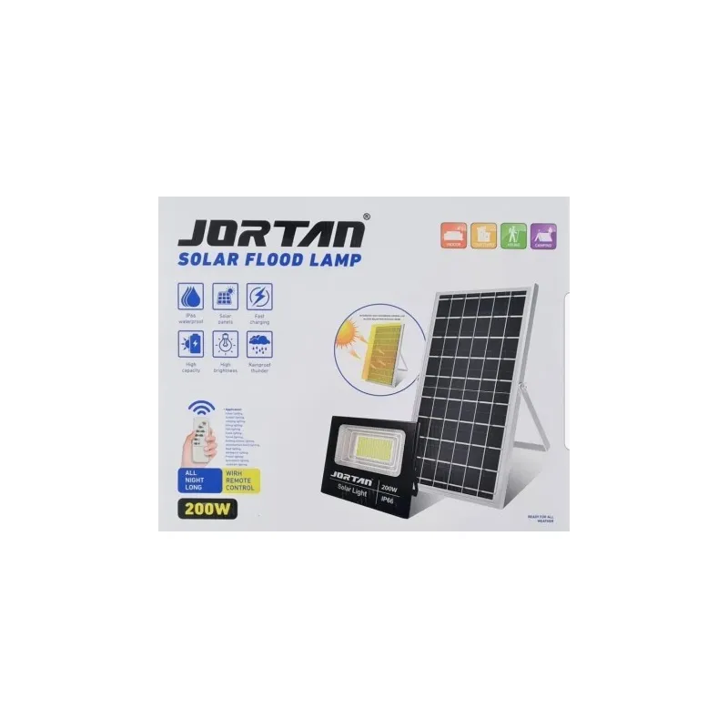 Proiector solar cu panou,  Jortan, 50W/100W/ 200W/ 500W cu telecomanda inclusa si senzor de lumina