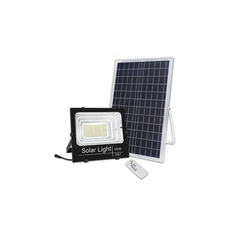 Proiector solar cu panou,  Jortan, 50W/100W/ 200W/ 500W cu telecomanda inclusa si senzor de lumina