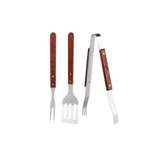 Set 3 ustensile gratar din inox cu maner din lemn cleste, spatula, furculita gratar