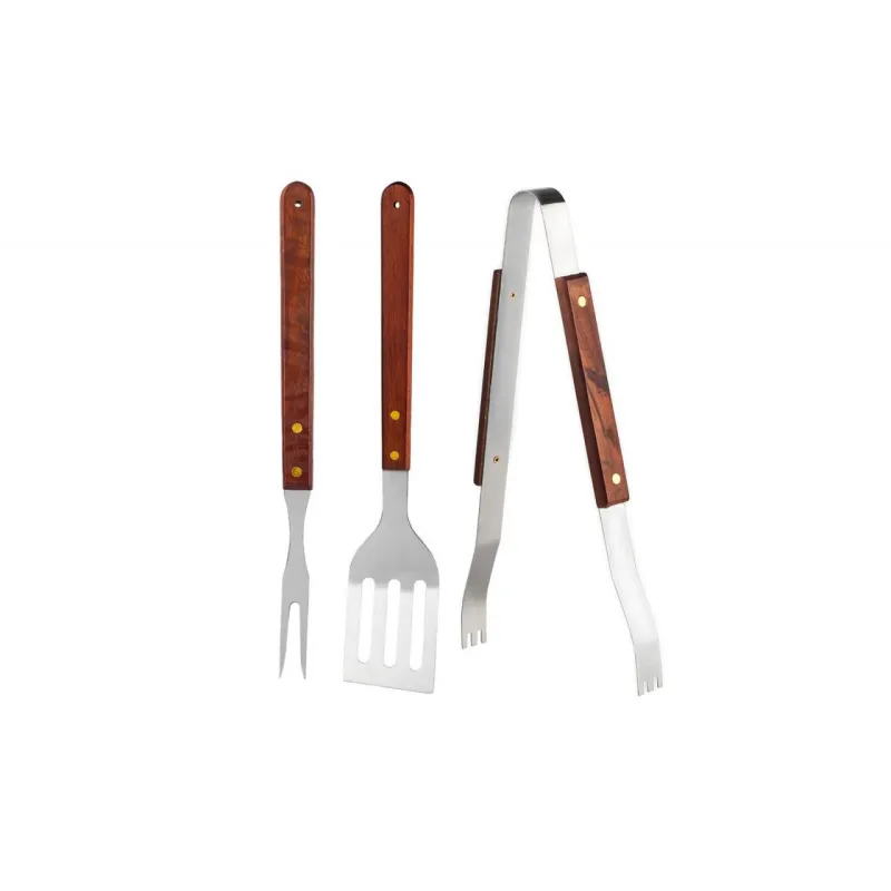 Set 3 ustensile gratar din inox cu maner din lemn cleste, spatula, furculita gratar