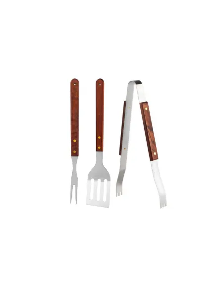 Set 3 ustensile gratar din inox cu maner din lemn cleste, spatula, furculita gratar