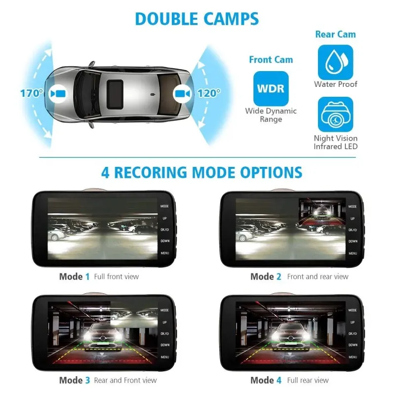 Camera DVR dubla, ecran 4 inch,Full HD 1080p, 170 grade, marșarier