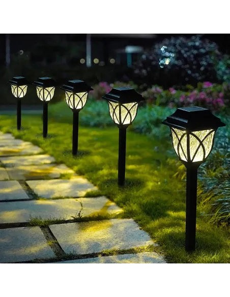 Pahet 6 Lampi Solare LED, tip felinar negru, culoare ALB