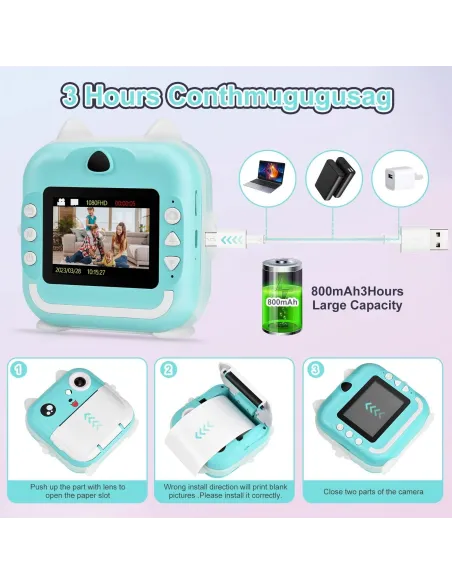 Camera foto digitala cu imprimare termica pentru copii, focalizare automata, display color de 2,4 inch 1080P Full HD