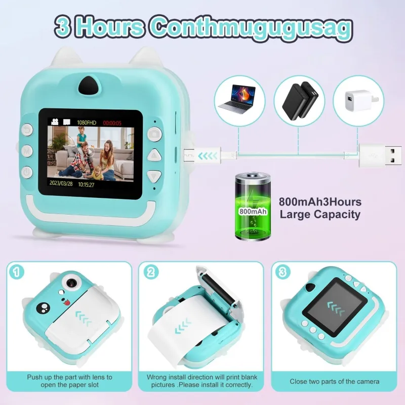 Camera foto digitala cu imprimare termica pentru copii, focalizare automata, display color de 2,4 inch 1080P Full HD