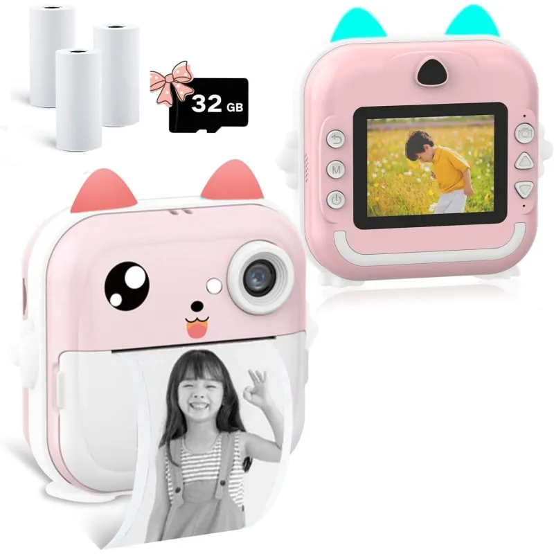 Camera foto digitala cu imprimare termica pentru copii, focalizare automata, display color de 2,4 inch 1080P Full HD