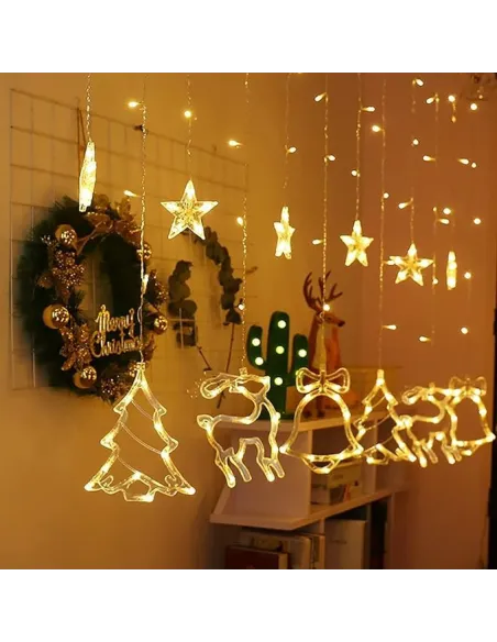 Perdea LED Crăciun 3m – 12 Figurine Luminoase, Alb Cald, Prelungibilă, Interconectabilă, Interior & Exterior