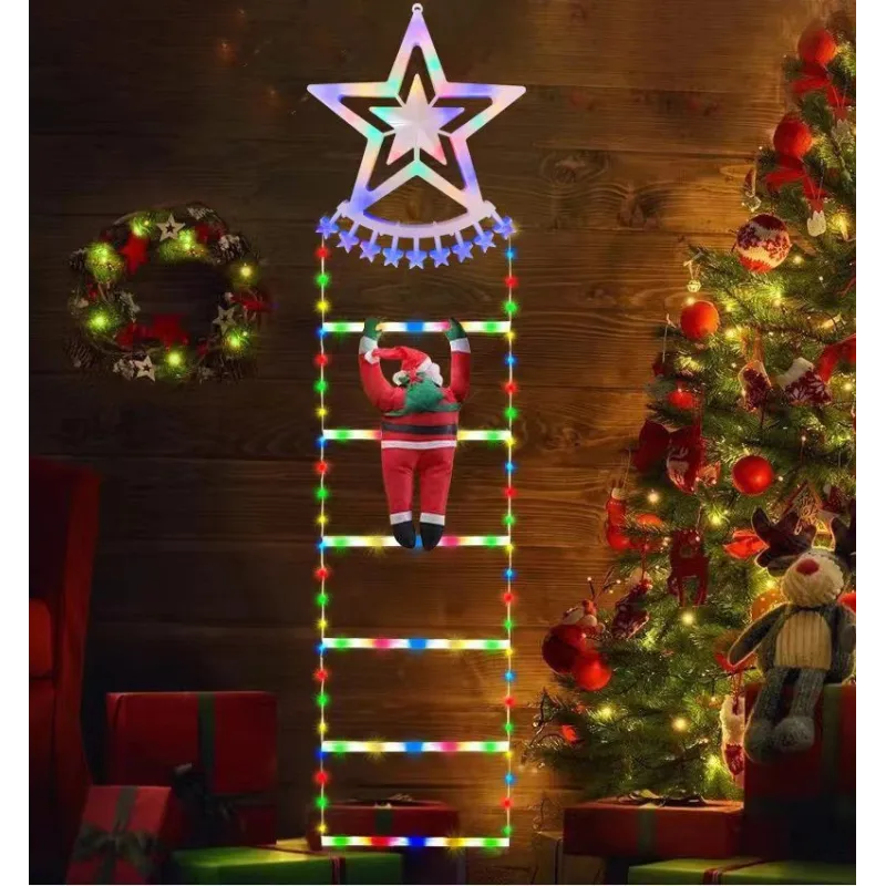 Instalatie LED, Mos Craciun pe scara iluminata, 6 trepte cu decoratiune luminoasa