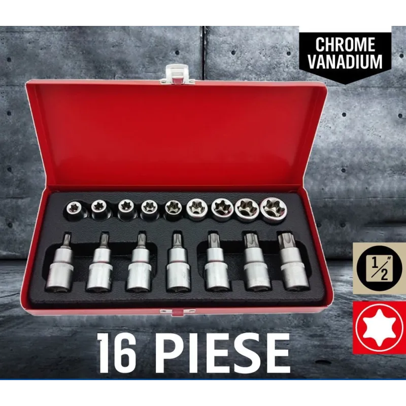 Trusa chei tubulare 16 piese, torx si capete biti torx
