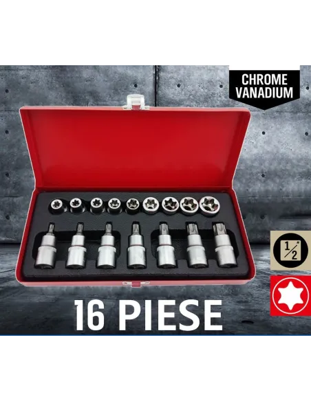 Trusa chei tubulare 16 piese, torx si capete biti torx