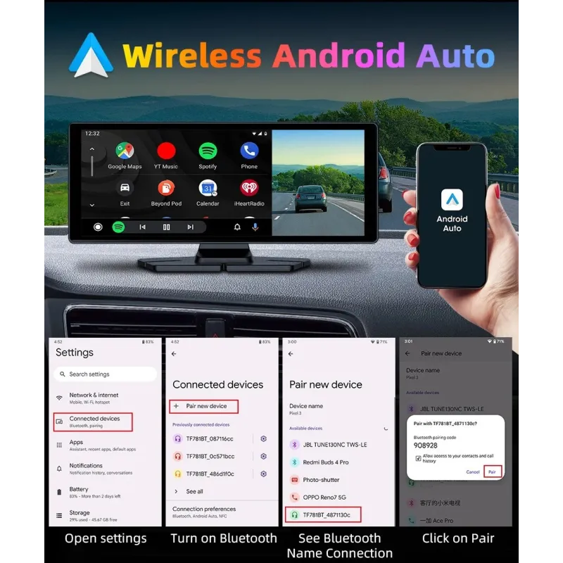 Navigatie auto cu ecran Touchscreen 4k, 10.5 inch, Camera duala DVR full HD inclusa, Camera mansalier, Wifi Android
