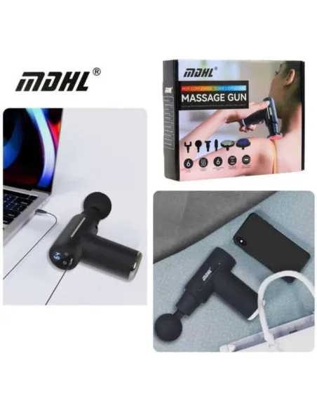Aparat masaj MDHL, 6 moduri de viteză, 6 capete de masaj interschimbabile, încălzit, reîncărcabil TYPE-C, negru