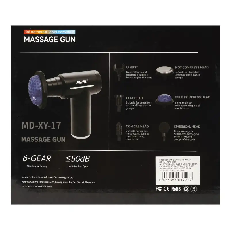 Aparat masaj MDHL, 6 moduri de viteză, 6 capete de masaj interschimbabile, încălzit, reîncărcabil TYPE-C, negru