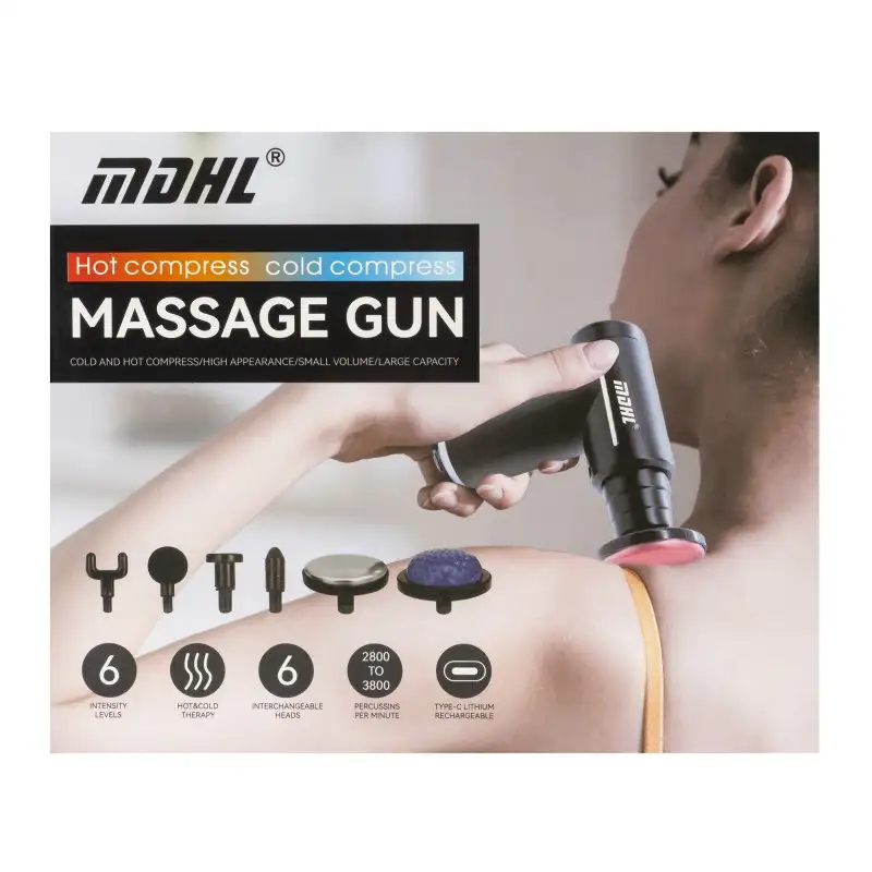 Aparat masaj MDHL, 6 moduri de viteză, 6 capete de masaj interschimbabile, încălzit, reîncărcabil TYPE-C, negru