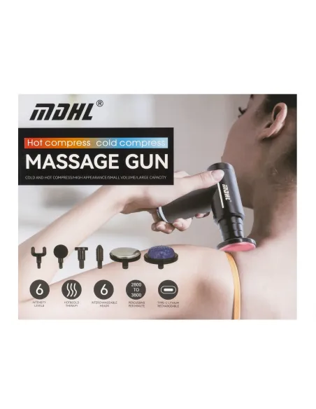 Aparat masaj MDHL, 6 moduri de viteză, 6 capete de masaj interschimbabile, încălzit, reîncărcabil TYPE-C, negru