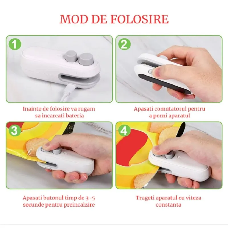 Aparat de sigilat pungi portabil, USB C