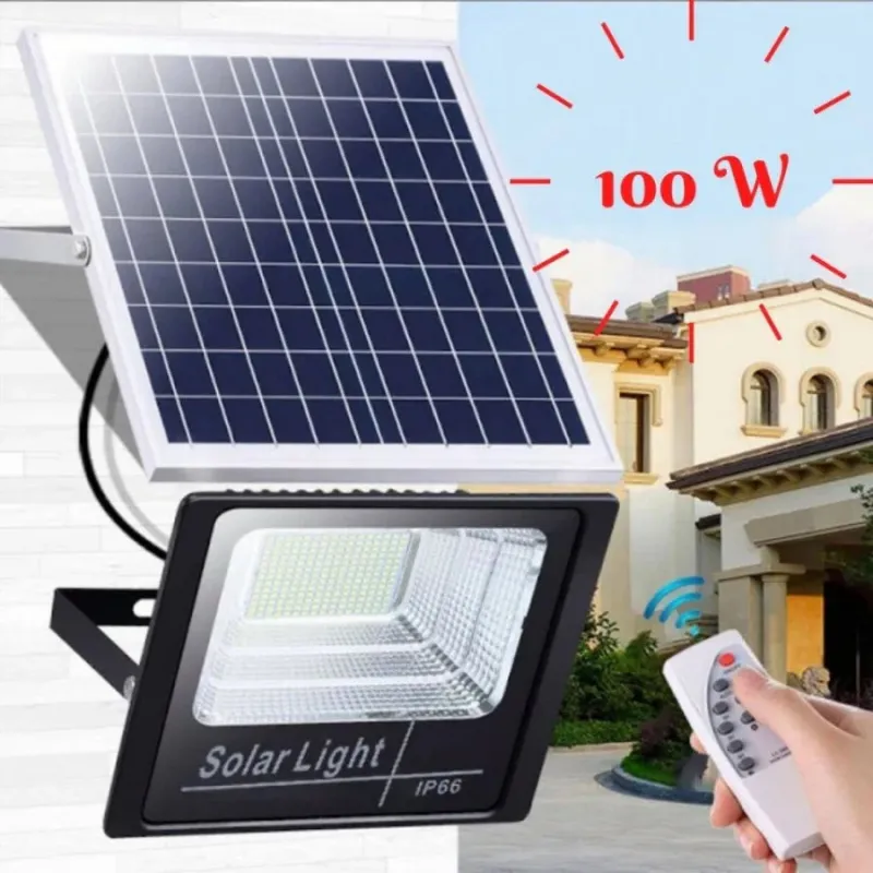 Set 2 x Proiector 100w cu panou solar Jortan , 6500k, IP66, telecomanda, indicator baterie