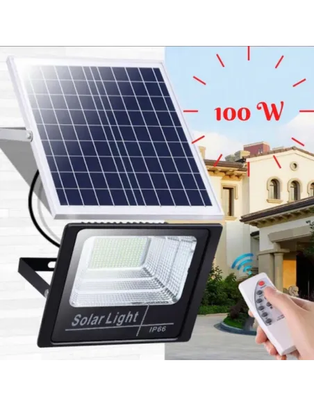 Set 2 x Proiector 100w cu panou solar Jortan , 6500k, IP66, telecomanda, indicator baterie