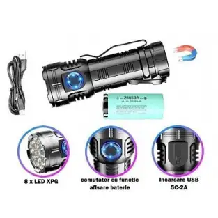 Lanterna compacta de aluminiu BL F82 cu 8 LED XPG magnet si clips incarcare USB