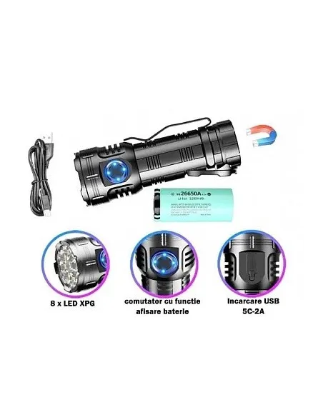 Lanterna compacta de aluminiu BL F82 cu 8 LED XPG magnet si clips incarcare USB
