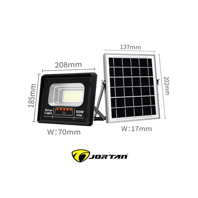 Set 2 x Proiector cu panou solar Jortan 50w, telecomanda, indicator baterie, 6500k, IP66