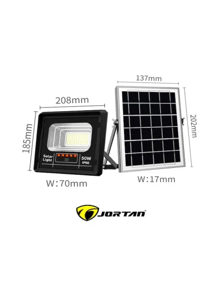 Set 2 x Proiector cu panou solar Jortan 50w, telecomanda, indicator baterie, 6500k, IP66