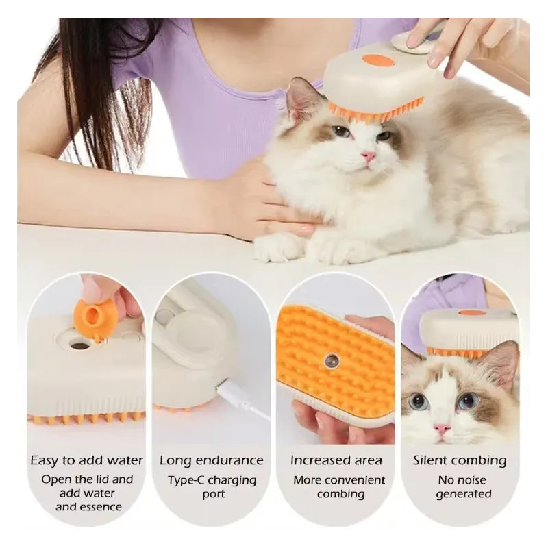 Perie cu aburi 3 in 1 pentru animale, maner rotativ 360