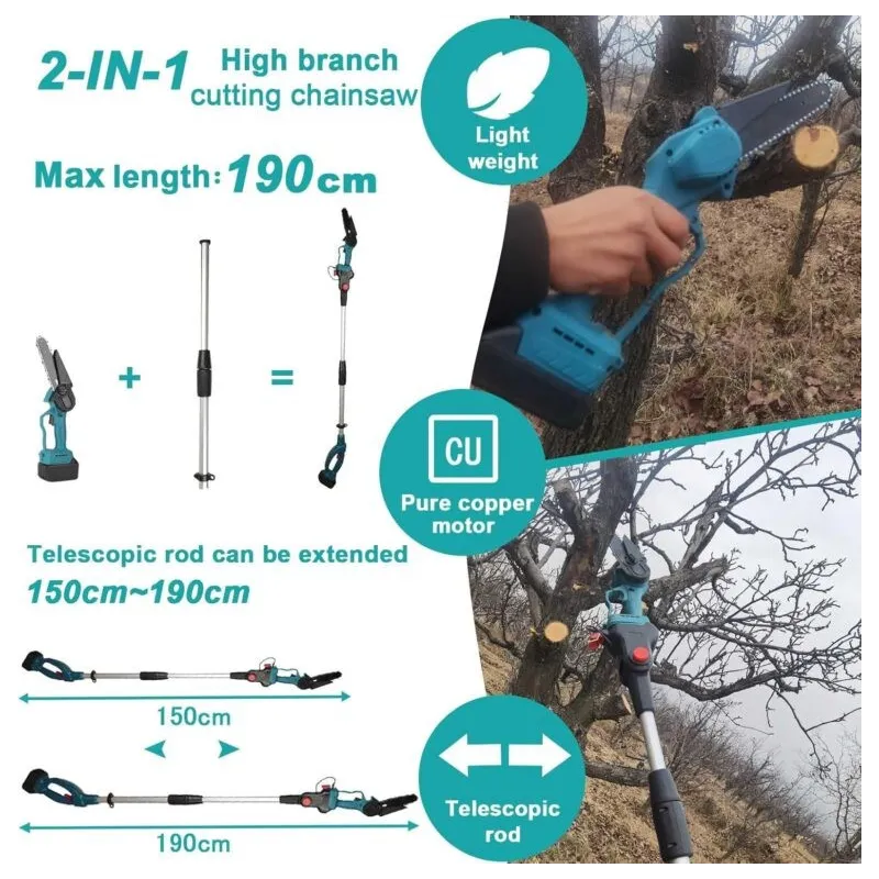 Set Foarfeca de Gradina și Mini Drujba 6 inch, 48V, 2 Acumulatori, Brat Telescopic 2 m, Unghi Reglabil de Taiere-09