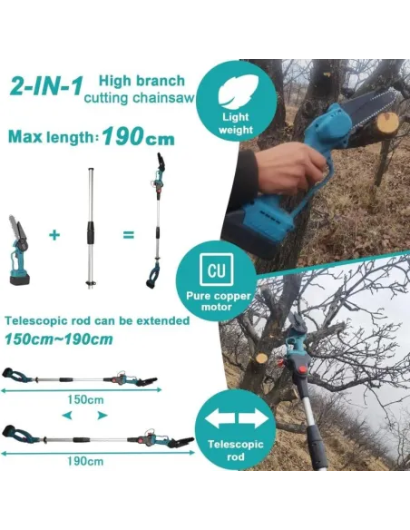 Set Foarfeca de Gradina și Mini Drujba 6 inch, 48V, 2 Acumulatori, Brat Telescopic 2 m, Unghi Reglabil de Taiere-09