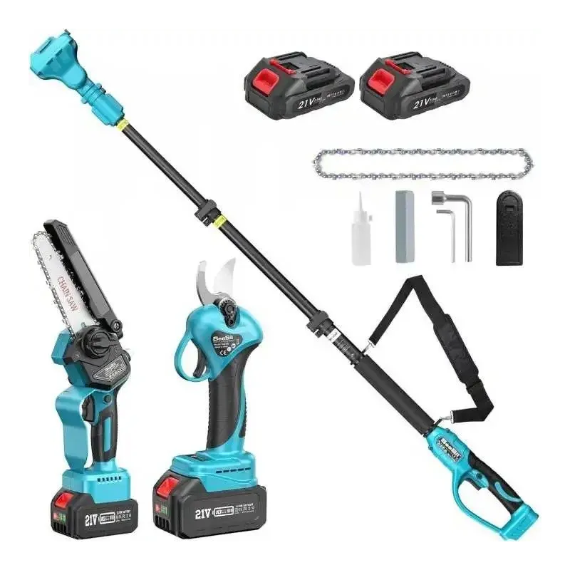 Set Foarfeca de Gradina și Mini Drujba 6 inch, 48V, 2 Acumulatori, Brat Telescopic 2 m, Unghi Reglabil de Taiere-09