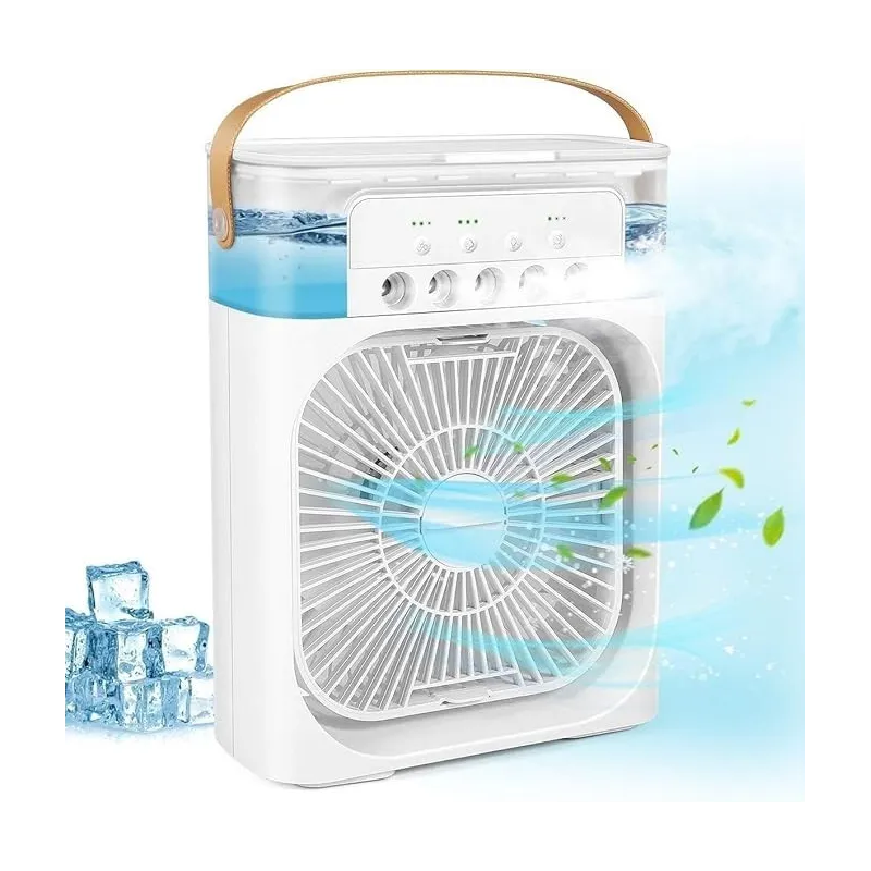 Mini răcitor de aer portabil 4 in 1 cu umidificator LED 7 Culori, Timer și 3 Viteze, alimentare USB