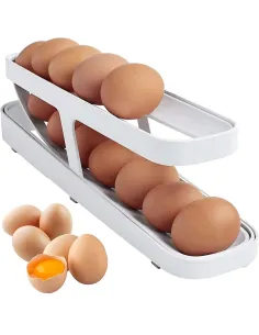 Organizator oua pentru frigider cu 2 nivele, rulare automata, simplu si practic, alb