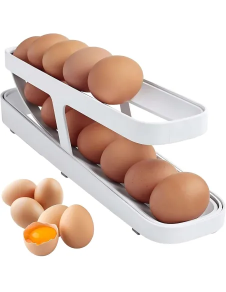 Organizator oua pentru frigider cu 2 nivele, rulare automata, simplu si practic, alb