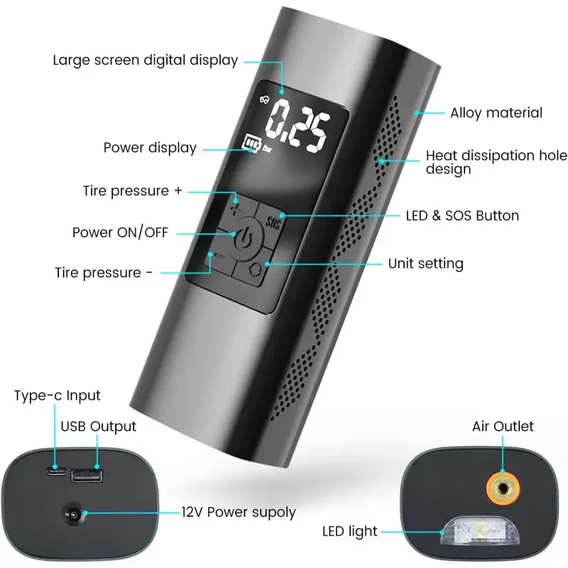 Compresor Auto portabil F7112, Wireless,Afisaj LED, Negru