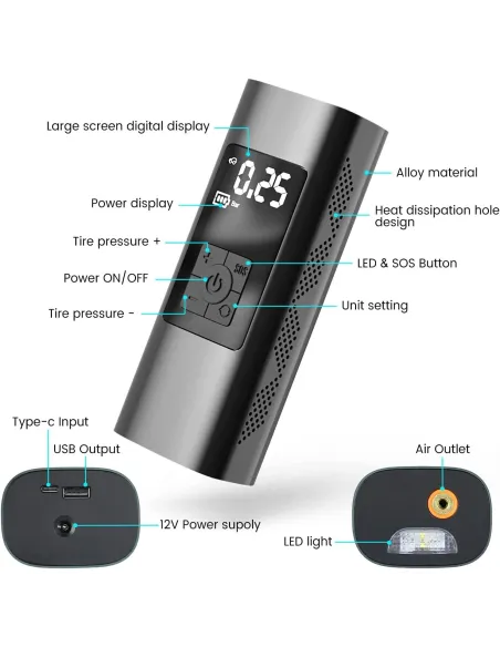 Compresor Auto portabil F7112, Wireless,Afisaj LED, Negru