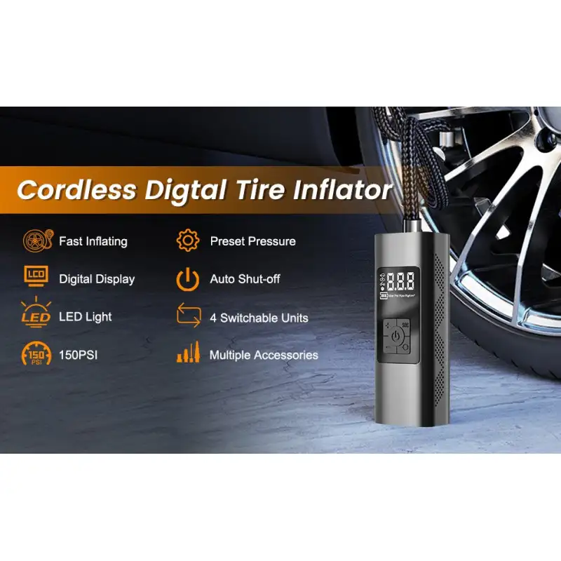 Compresor Auto portabil F7112, Wireless,Afisaj LED, Negru