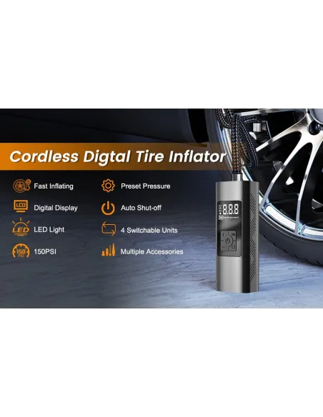 Compresor Auto portabil F7112, Wireless,Afisaj LED, Negru