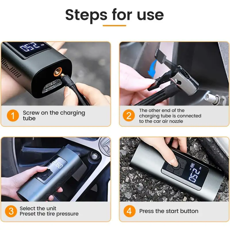 Compresor Auto portabil F7112, Wireless,Afisaj LED, Negru