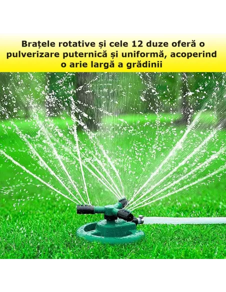 Aspersor pentru gradina cu 3 Brate, 12 Duze pulverizare, 360 Grade