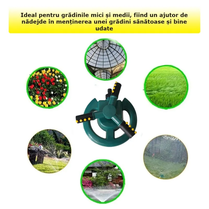 Aspersor pentru gradina cu 3 Brate, 12 Duze pulverizare, 360 Grade