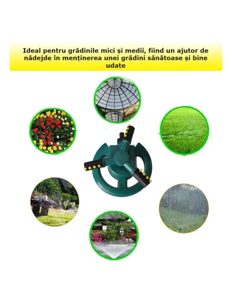 Aspersor pentru gradina cu 3 Brate, 12 Duze pulverizare, 360 Grade